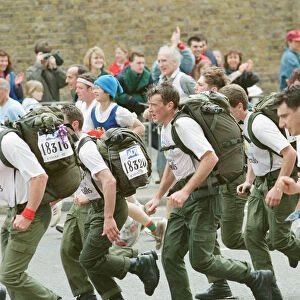The London Marathon, 1991. Runners passing through and around Tower Bridge