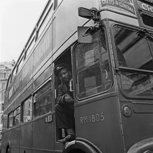 London Transport driver seen here with his Routemaster bus 29th October 1966 London Transport driver seen here with his Routemaster bus 29th October 1966