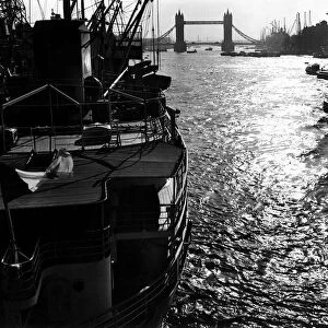 London Views Thames River April 1955 - Pool of London with Tower Bridge in the background