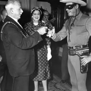 Clayton Moore and Lord Mayor on Cardiff Visit Print 1958