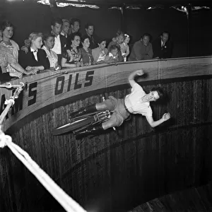 Look mum no hands! Maureen Swift, Wall of death rider. June 1952 C3335-001
