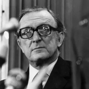 Lord Carrington at press conference behind microphones - February 1974 Lord Carrington at press conference behind microphones - February 1974