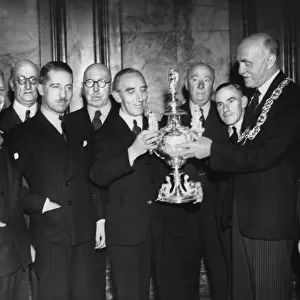 Lord Provost James Welsh presenting the Victory Cup to Mr James Bowie of Rangers