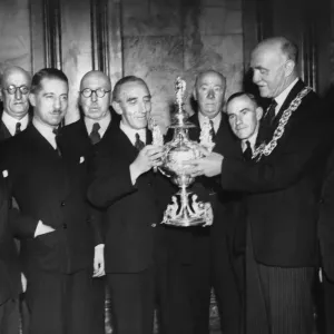 Print of Lord Provost James Welsh presenting the Victory Cup to Rangers