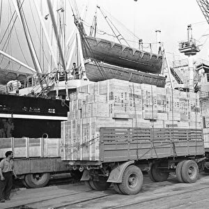 Lorries await to unload at Genoa docks. Circa 1955