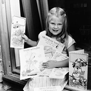 Louise Brown Test Tube Girl Holding birthday cards on her sixth birthday July1984