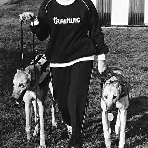 Lynne Perrie Actress pictured with her two Greyhounds June 1980