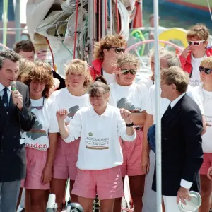 Maiden returns to the UK. 28th May 1990. Skipper Tracy Edwards stands Maiden returns to the UK. 28th May 1990. Skipper Tracy Edwards stands