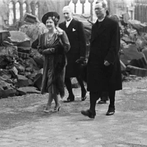 His Majesty King George VI and Queen Elizabeth inspect the damage to the cathedral in His Majesty King George VI and Queen Elizabeth inspect the damage to the cathedral in