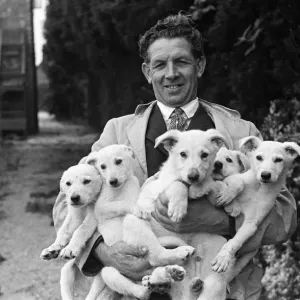 A man holding five puppies at a pet farm in Ipswich, Suffolk. Circa 1945 A man holding five puppies at a pet farm in Ipswich, Suffolk. Circa 1945