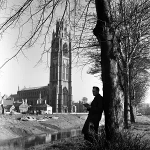 A Man Reading near St Botolph's Church Print, 2nd April 1953 A Man Reading near St Botolph's Church Print, 2nd April 1953