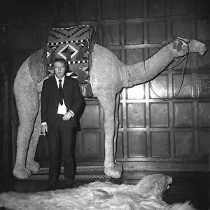 Manager of the Bee gees pop group Robert Stigwood pictured in front of a stuffed camel at