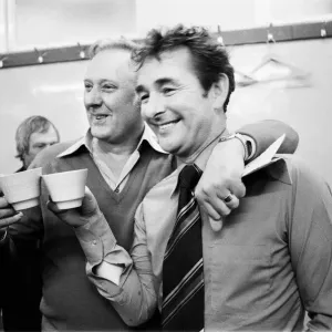 Manager Brian Clough celebrates in the dressing room with assistant Peter Taylor after Manager Brian Clough celebrates in the dressing room with assistant Peter Taylor after