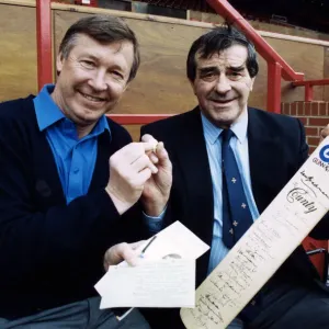 Manchester United manager Alex Ferguson with veteran cricketer Fred Truman at Old Manchester United manager Alex Ferguson with veteran cricketer Fred Truman at Old