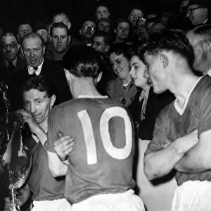 Manchester United v. Portsmouth. April 1956. Roger Byrne turns to his jubilant team mates