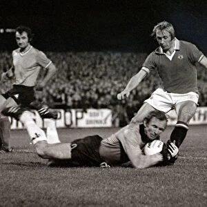 Manchester United v St Etienne - October 1977 goalkeeper saves as the striker