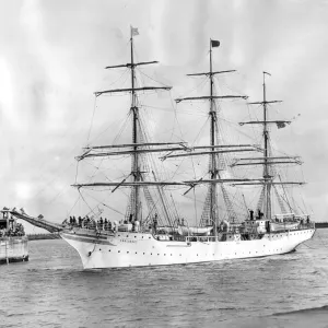 Manned by cadets, the Norwegian training ship Sorlandet is seen entering the River Wear Manned by cadets, the Norwegian training ship Sorlandet is seen entering the River Wear