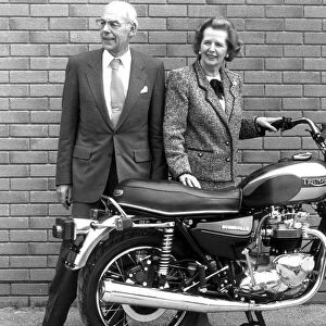 Margaret and Dennis Thatcher look over a new Triumph motorcycle in Devon - 28th May 1987