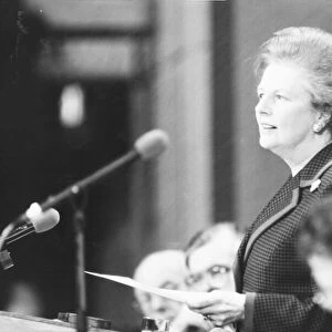 Margaret Thatcher addresses a conference of the Young Conservatives in Torquay 1990