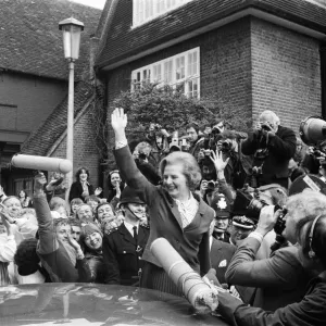 Margaret Thatcher British Prime Minister waving to the crowd after leaving her home in