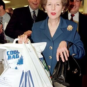 Margaret Thatcher former Conservative Prime Minister holding a Tesco plastic carrier bag