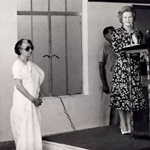 Margaret Thatcher giving speech watched by Mrs Indira Ghandi in India - April 1981