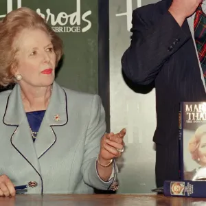 Margaret Thatcher in Harrods signing copies of her memoir