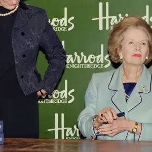 Margaret Thatcher in Harrods signing copies of her memoir