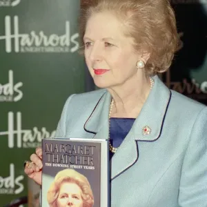 Margaret Thatcher in Harrods signing copies of her memoir