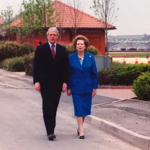 Margaret Thatcher and John Major walk in the wilderness at the Teesside Development Park Margaret Thatcher and John Major walk in the wilderness at the Teesside Development Park