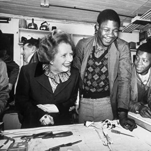 MARGARET THATCHER JOKES WITH TRAINEES AT MARSH BROTHERS IN FULHAM - 15TH APRIL 1983