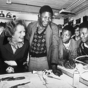 MARGARET THATCHER JOKES WITH TRAINEES AT MARSH BROTHERS IN FULHAM - 15TH APRIL 1983 MARGARET THATCHER JOKES WITH TRAINEES AT MARSH BROTHERS IN FULHAM - 15TH APRIL 1983
