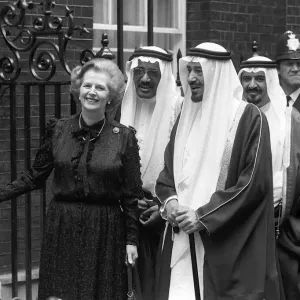 Margaret Thatcher June 1981 stands outside 10 Downing Street with f King Khaled of saudi