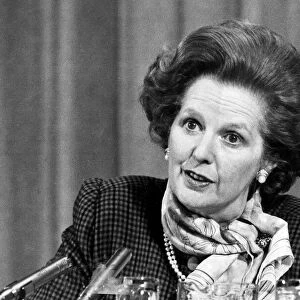 Margaret Thatcher looking stern at press conference - January 1984