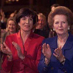 Margaret Thatcher and Mary Archer Oct 1999 applauding a speech by Lord Archer at