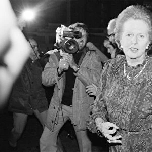 Margaret Thatcher PM pictured speaking to the press outside Downing Street, London