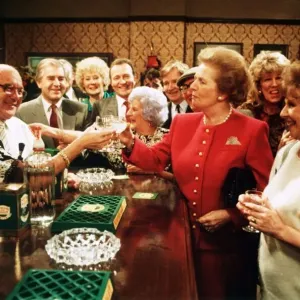 Margaret Thatcher in the Rovers Return - Jan 1990 with members of the cast of