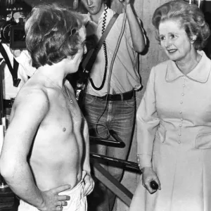 Margaret Thatcher visits Eldon Square sport centre, Newcastle chatting to Raymond Foster