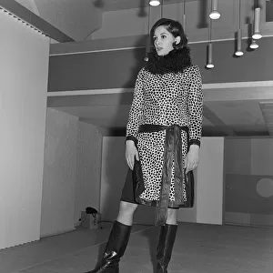 Mary Quant fashion clothing Wearing a leopard print dress with fur collar