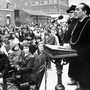 Mayor speaks to the gathering in Northumberland Square, before the parade, Good Friday