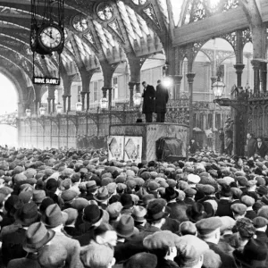 Meat Strike. A meeting in progress at Smithfield Meat market showing two delegates making Meat Strike. A meeting in progress at Smithfield Meat market showing two delegates making