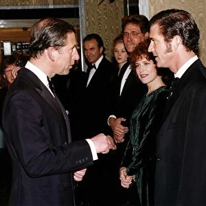 Mel Gibson actor speaking to Prince Charles at the premiere of his film "