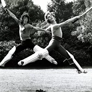 Members of the festival ballet company practising for a cricket game at Eltham, London