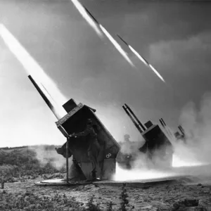 Print of Home Guard firing Z Battery anti-aircraft missiles, July 1942 Print of Home Guard firing Z Battery anti-aircraft missiles, July 1942