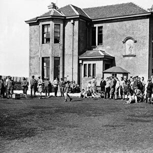 Members outside the clubhouse at Prestwick golf club