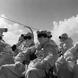 Members of the press and naval ratings aboard HMS Alert 35 miles offshore of Malden Members of the press and naval ratings aboard HMS Alert 35 miles offshore of Malden