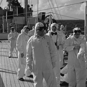 Members of the press and naval ratings aboard HMS Alert 35 miles offshore of Malden Members of the press and naval ratings aboard HMS Alert 35 miles offshore of Malden