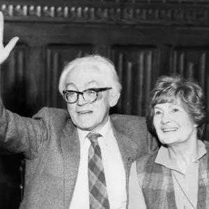 Michael Foot and wife Jill Craigie at press conference after his election as Labour party
