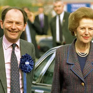 Michael Forsyth MP wearing blue rosette pink shirt patterned tie with Lady Margaret