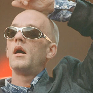 Michael Stipe, lead singer with the American Rock Group REM, perform at Cardiff Arms Park